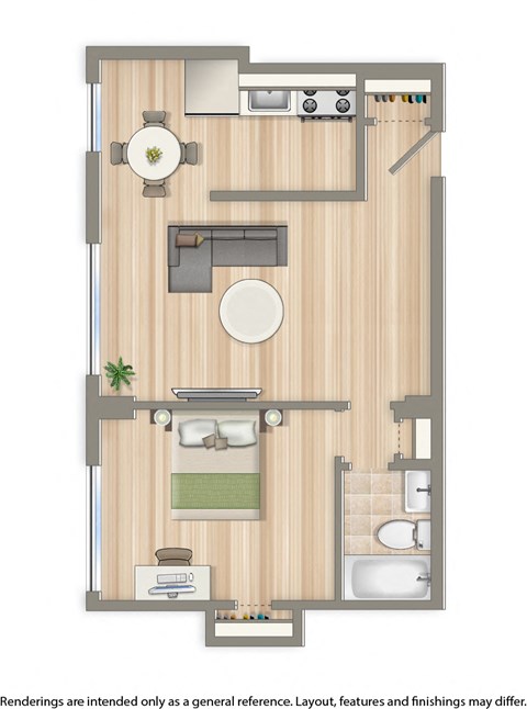 sherry hall one bedroom apartment floor plan rendering